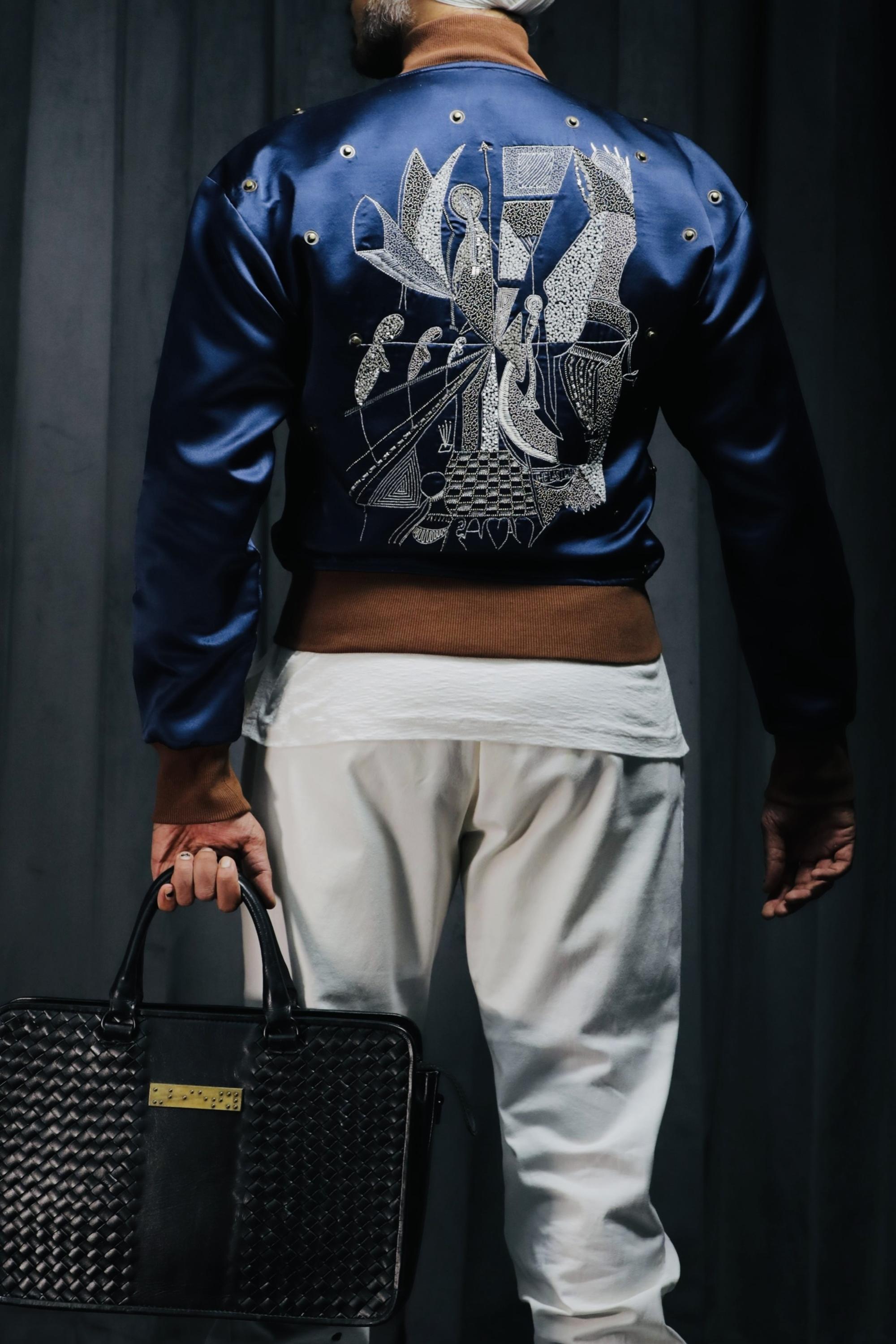 Midnight Blue Silk Bomber  <br> Artwork : [Silver Metal]