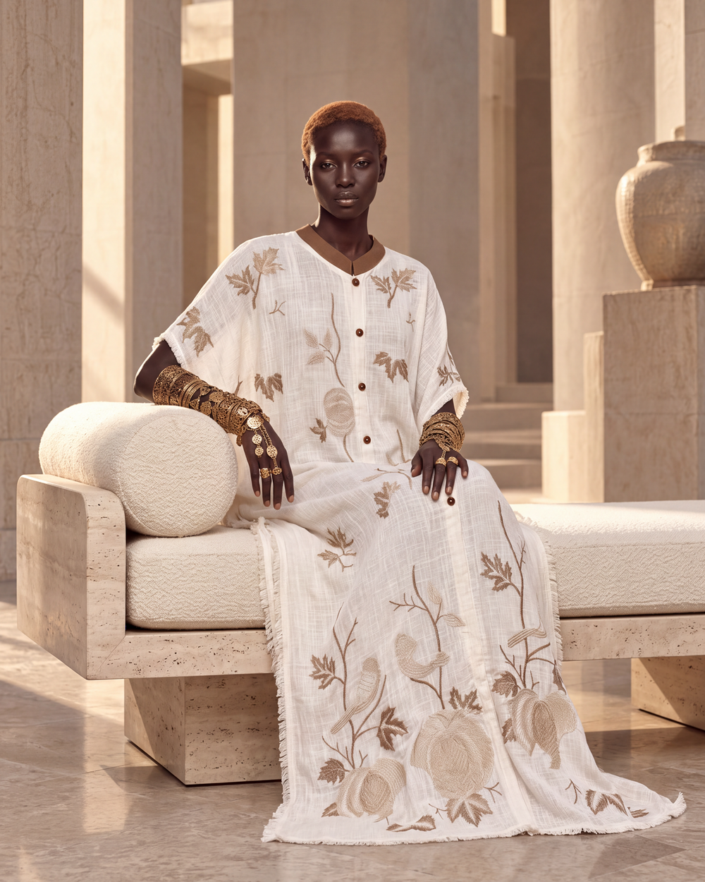 Ivory Embroidered Linen Kaftaan